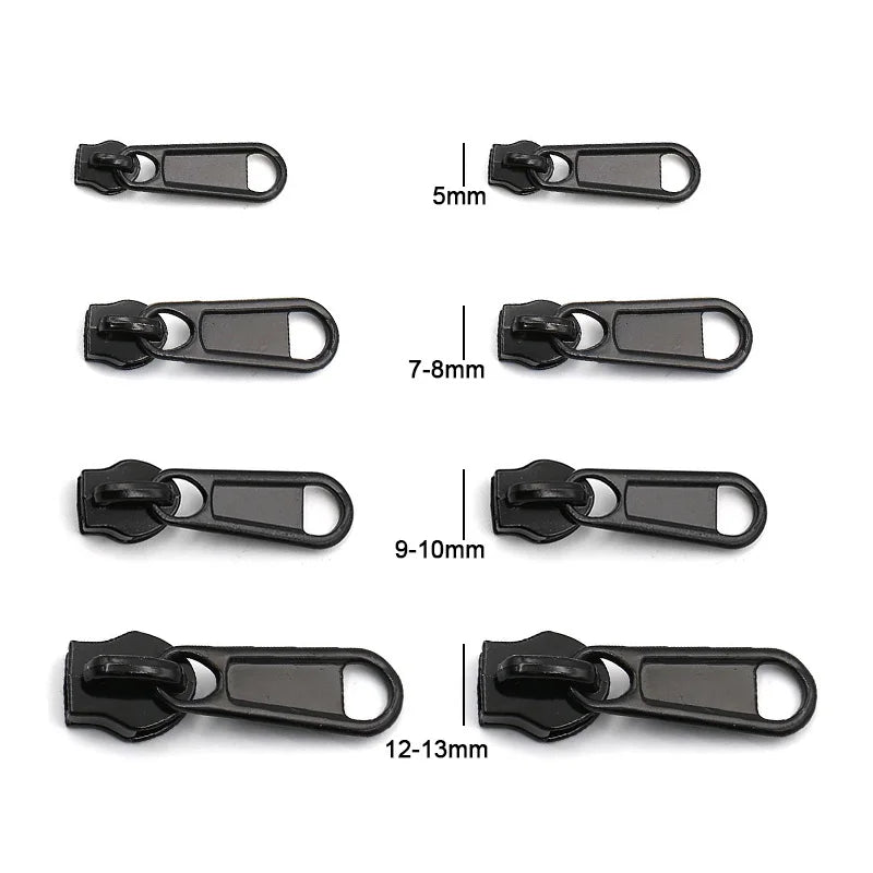 A set of black universal zipper repair sliders shown in various lengths from 5mm to 12-13mm.
