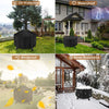 A black waterproof BBQ grill cover is shown in various contexts, including protection from UV rays, wind, and snow.