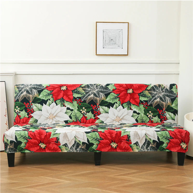 Geometric print spandex slipcovers for sofa beds featuring a floral pattern on a wooden bench.