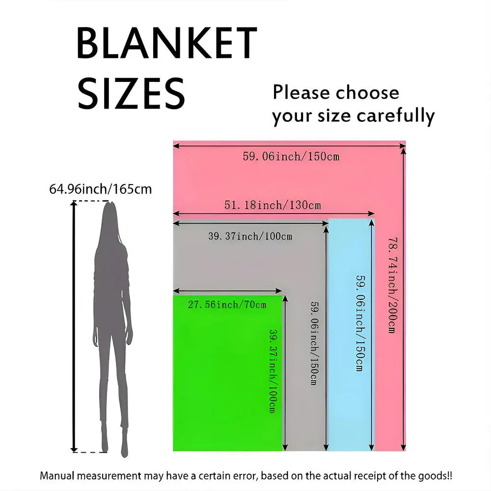 Diagram showing various blanket sizes and dimensions for selection.