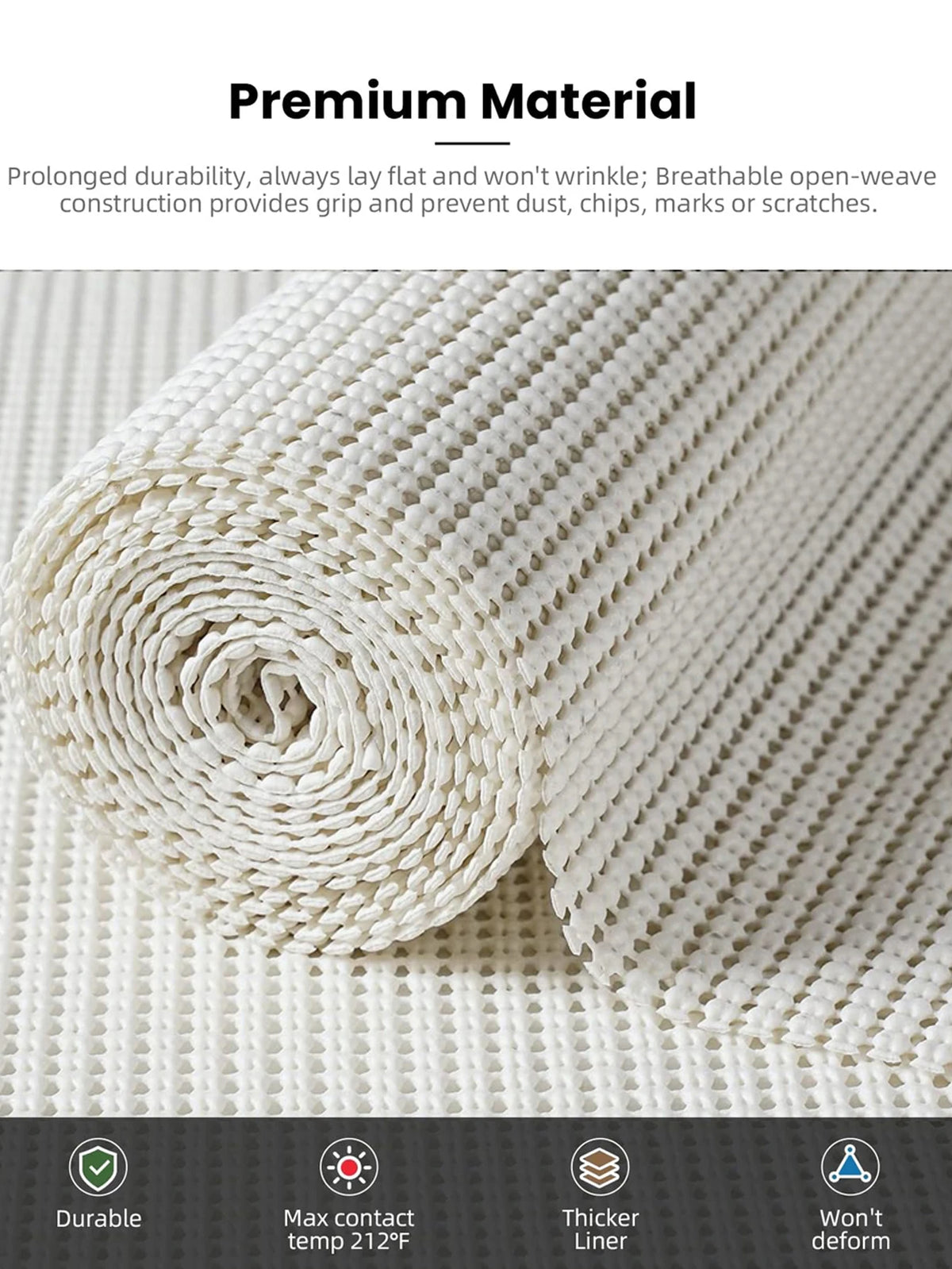 Roll of white silicone non-slip drawer liner showing its woven texture and durability features