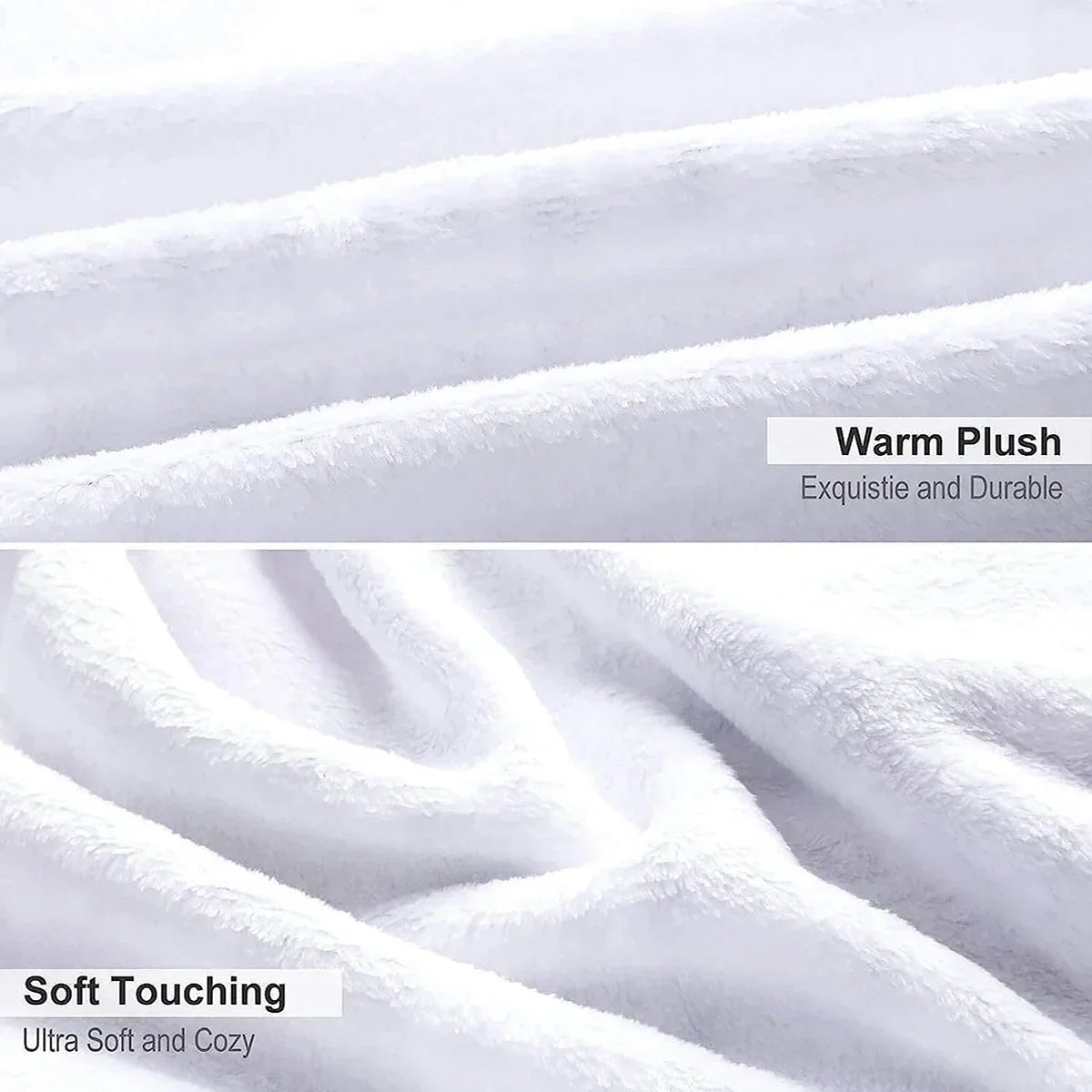 Close-up of a white plush fleece blanket showing soft texture and folds.