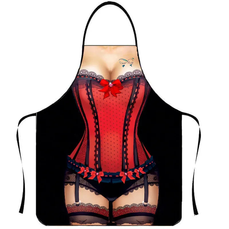 A black apron featuring a red corset design with lace and polka dots.