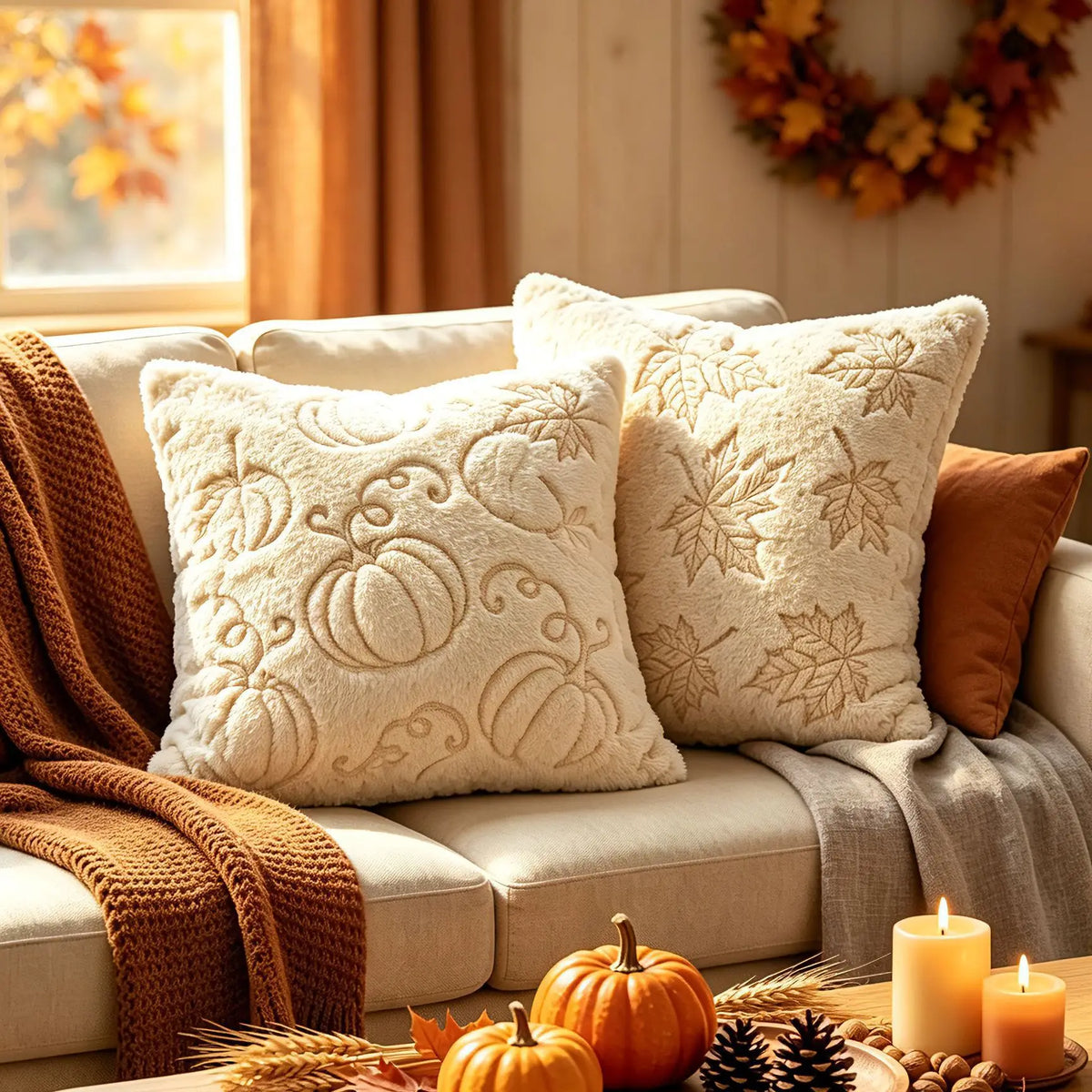A collection of cream-colored fuzzy maple leaf throw pillows displayed on a sofa with warm autumn decor.