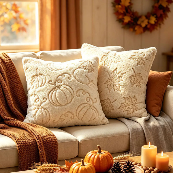 A collection of cream-colored fuzzy maple leaf throw pillows displayed on a sofa with warm autumn decor.