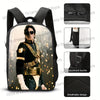Black backpack featuring a portrait of a man in a leather outfit and sunglasses with various zippered pockets.