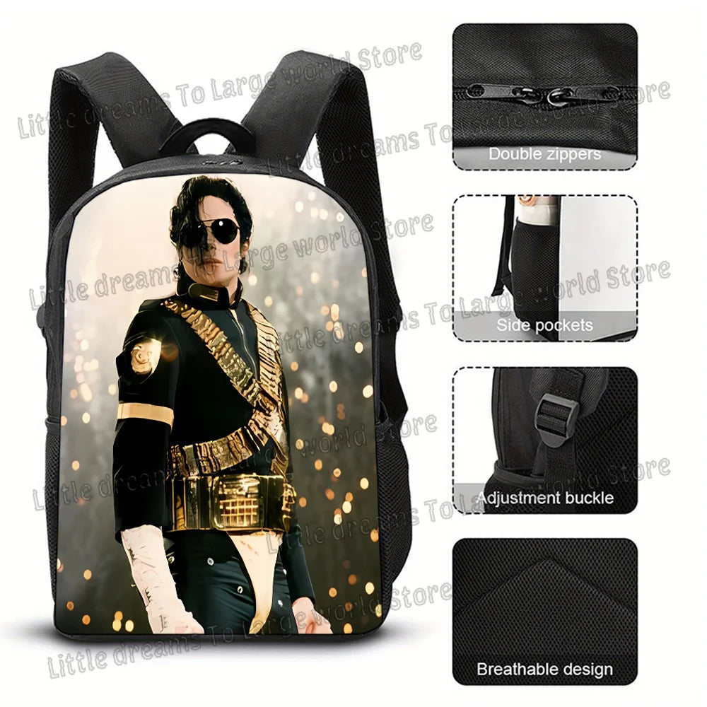 Black backpack featuring a portrait of a man in a leather outfit and sunglasses with various zippered pockets.