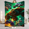 A colorful Monster Jam themed flannel throw blanket featuring various monster trucks and green lightning effects.