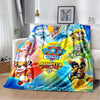 A colorful Paw Patrol Mighty Pups themed flannel throw blanket featuring cartoon dogs in action poses.