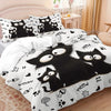 A black cat print bedding set featuring multiple cats on a white background.