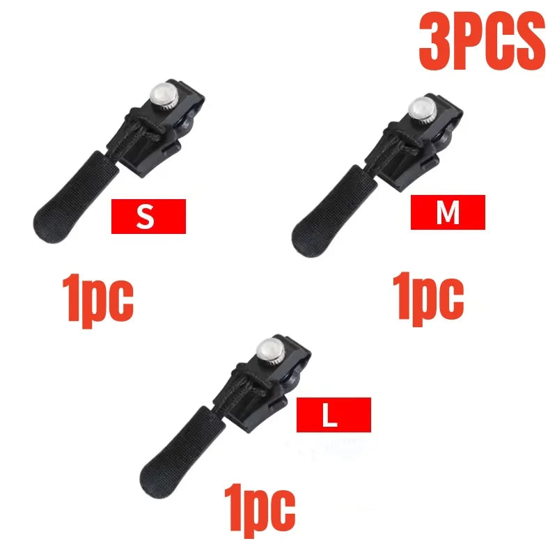 Three detachable zipper repair kits labeled S, M, and L, each containing one piece.
