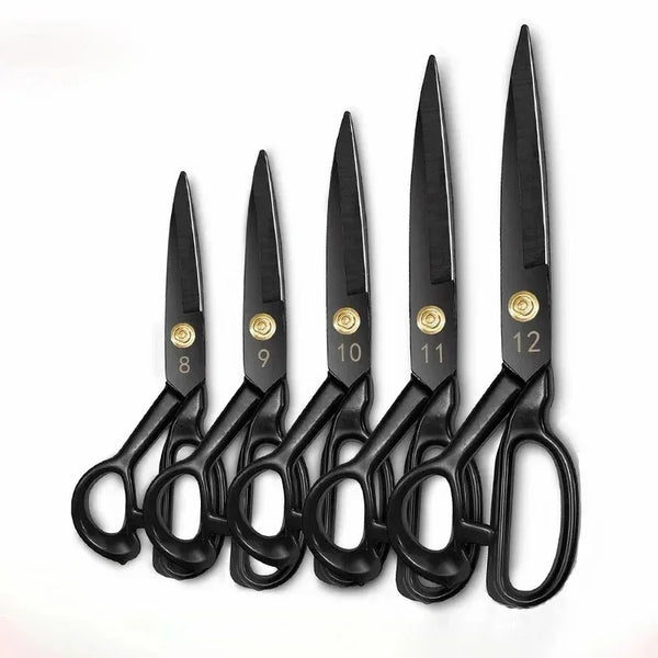 A set of twelve professional heavy duty tailor scissors for leather and fabric cutting.
