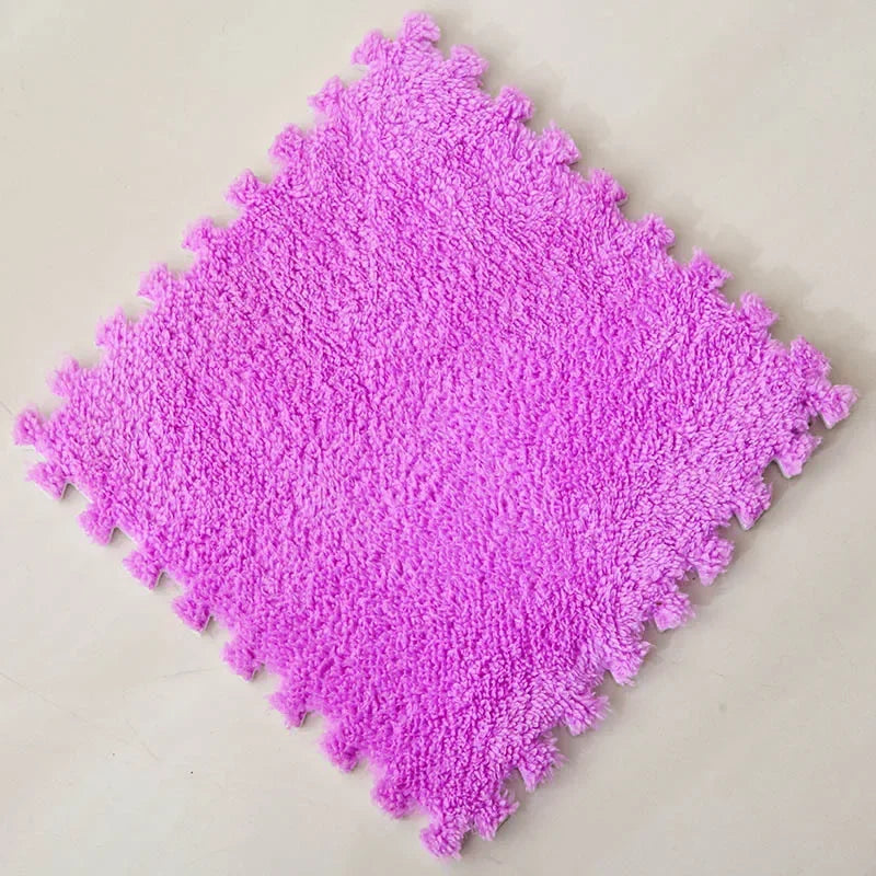 A square purple plush interlocking puzzle rug mat with a textured surface.