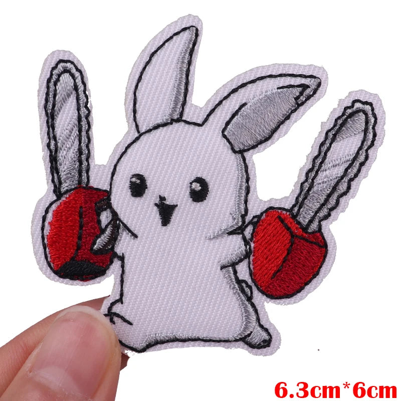 White rabbit embroidered patch with red heart accents