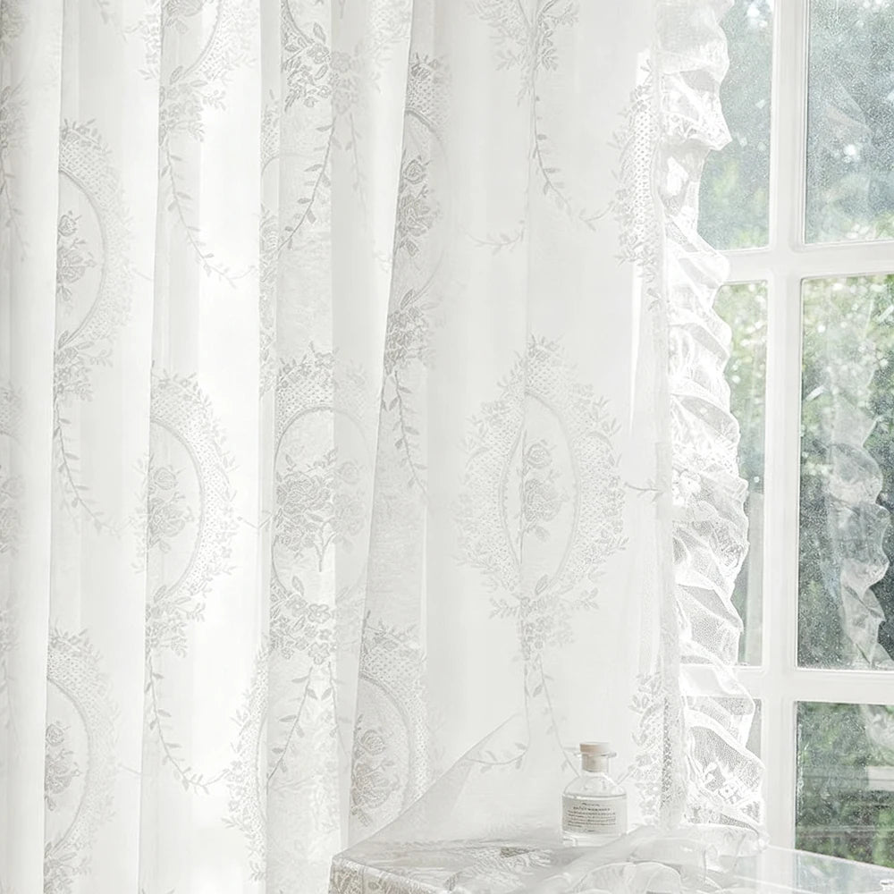 White vintage ruffled lace embroidered curtain hanging in front of a window.