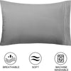 A gray pillow cover with subtle stripes, labeled as breathable, soft, and machine washable.