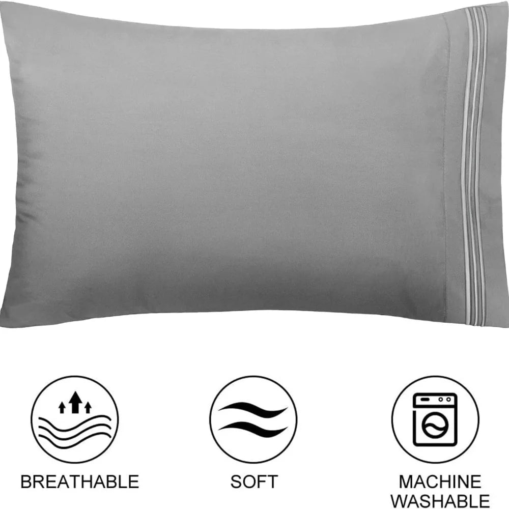 A gray pillow cover with subtle stripes, labeled as breathable, soft, and machine washable.