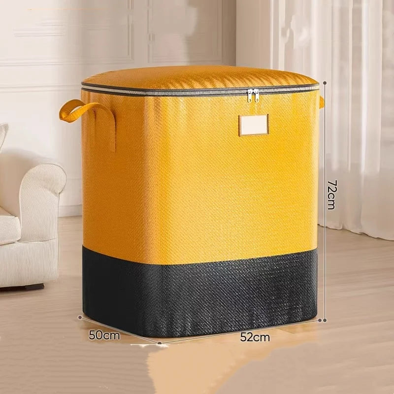 A yellow and black heavy duty waterproof storage bag standing on a wooden floor.