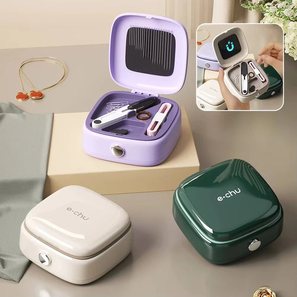 A purple magnetic sewing kit with specialty needles and thread is displayed on a light wooden surface.