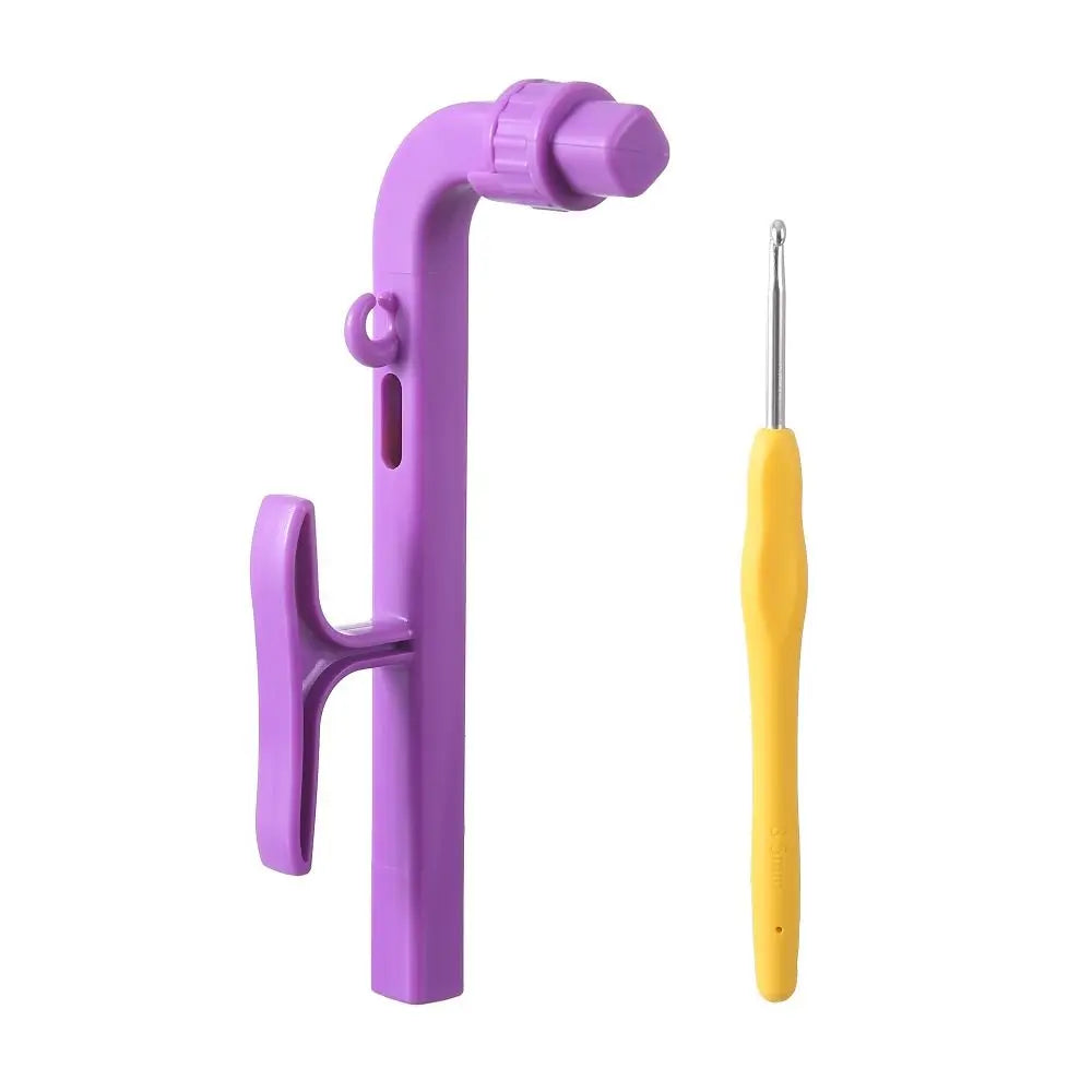 A purple crochet tool and tension regulator set with a yellow needle.