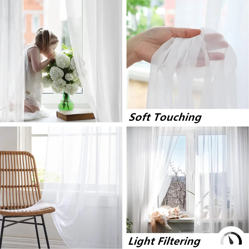 Close-up shots demonstrating the soft touching and light filtering properties of sheer voile curtain panels.