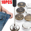 A set of ten metal jeans button repair kits with screwdrivers and various buttons shown next to a hand.