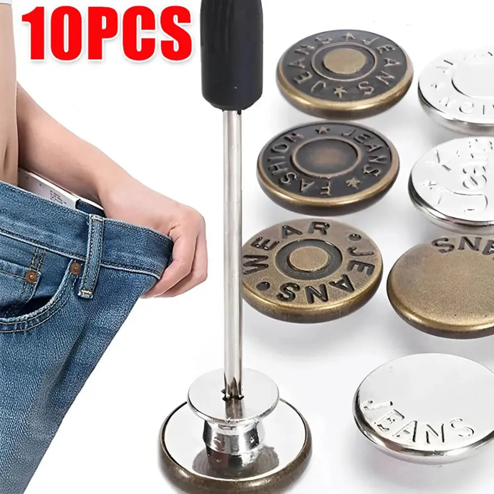 A set of ten metal jeans button repair kits with screwdrivers and various buttons shown next to a hand.