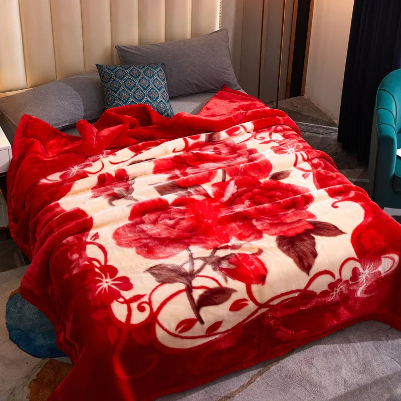 A plush mink fleece king size blanket featuring a vibrant red and white floral pattern of roses and peonies.