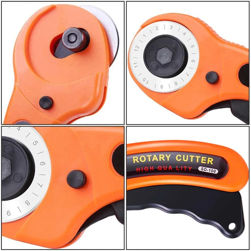 Orange rotary cutter kit showing various angles and components of the precision cutting tool