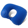 A bright blue inflatable neck pillow with a rounded shape and a small circular feature.