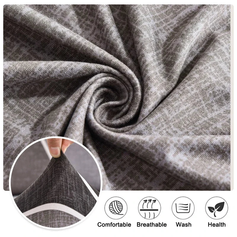 Gray linen fabric showing texture and weave with comfort, breathability, and health benefits.