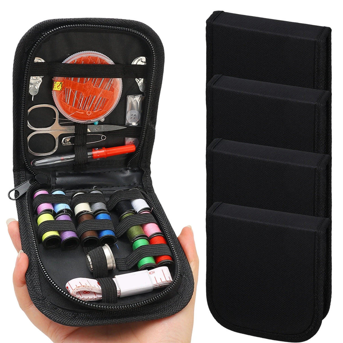 A black multi-function sewing kit is shown open, displaying various tools and a set of colored sewing needles.