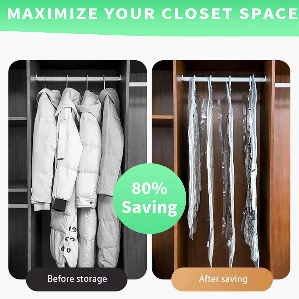Before and after comparison showing hanging vacuum storage bags for clothing maximizing closet space
