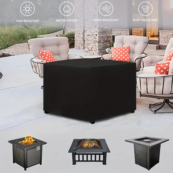 Black waterproof fire pit cover with drawstring and three types of fire pits shown in outdoor setting