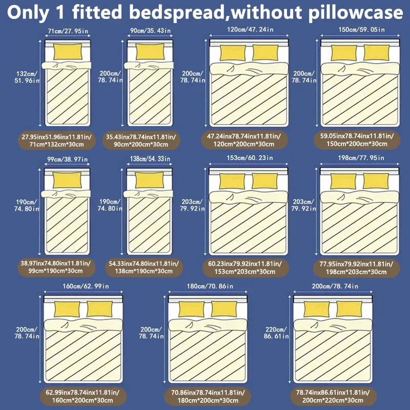 A set of fitted bedspreads and pillowcases in various sizes shown for sale.
