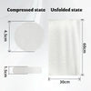 Comparison of a compressed and unfolded disposable fiber face towel showing size differences.