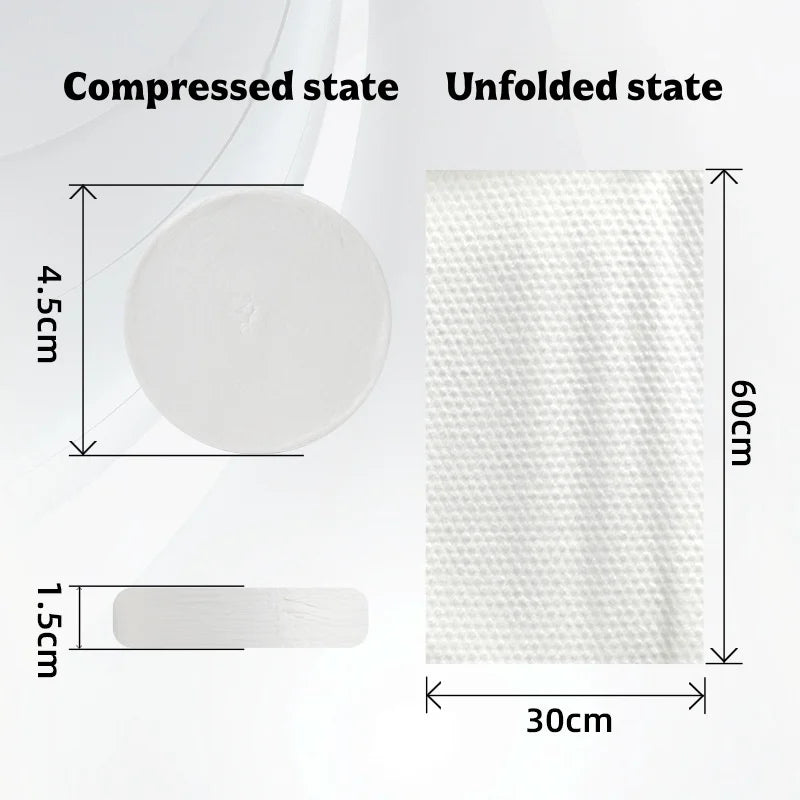 Comparison of a compressed and unfolded disposable fiber face towel showing size differences.