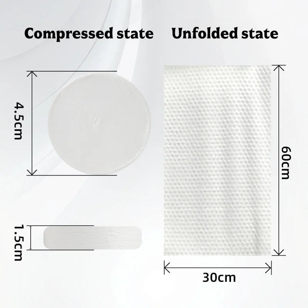 Comparison of a compressed and unfolded disposable fiber face towel showing size differences.