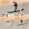 A black adjustable aluminum alloy desk hook with dual clips and a light green strap is shown mounted on a wooden shelf.
