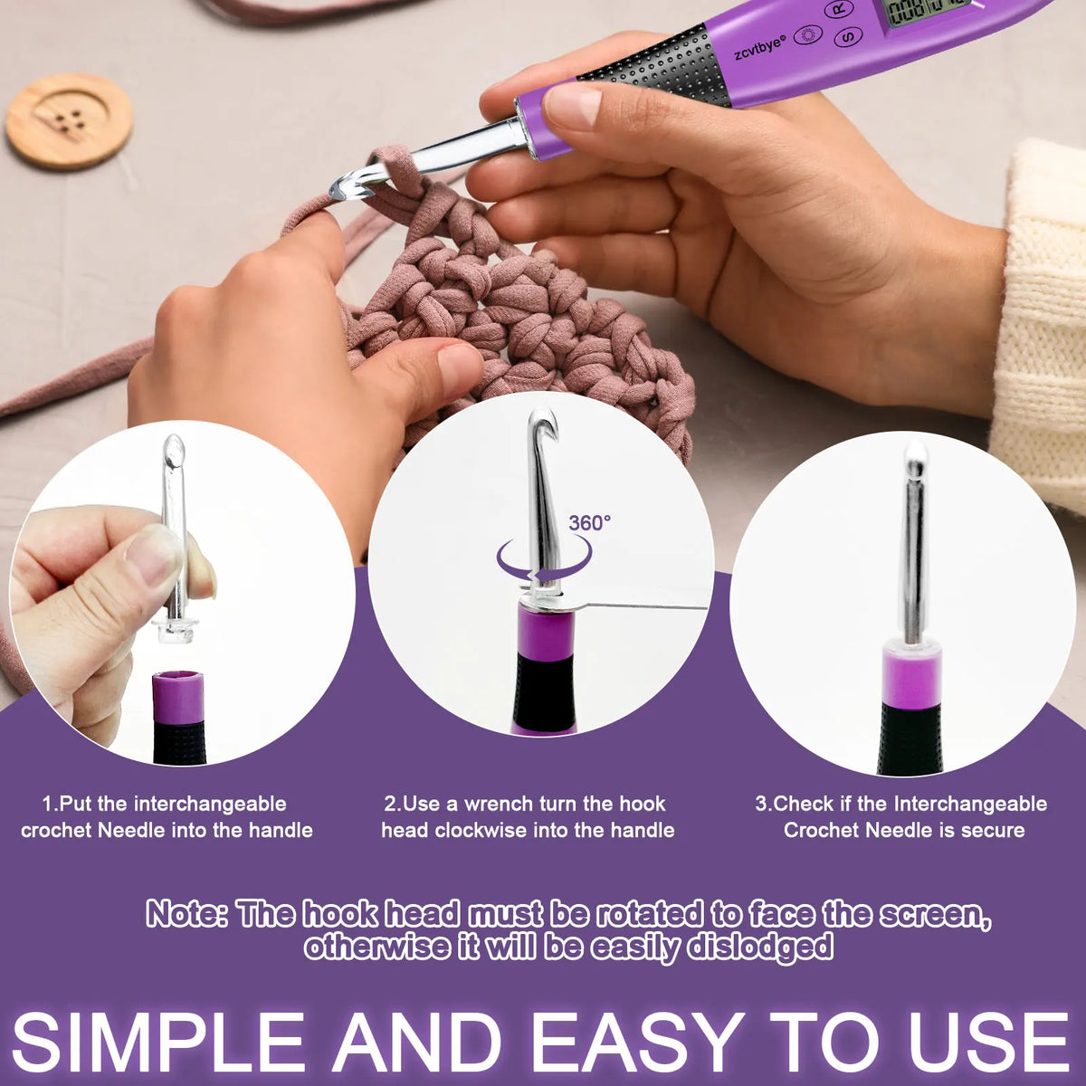 Hands are using an interchangeable crochet needle with a hook head to work on a knitted item.