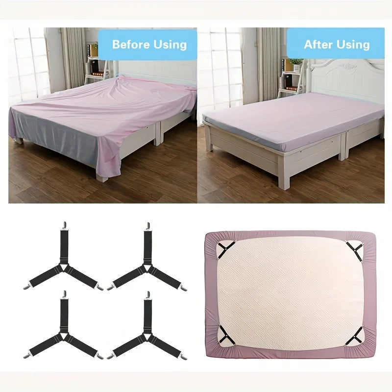 Set of adjustable sheet corner grippers with elastic straps shown before and after use on a bed