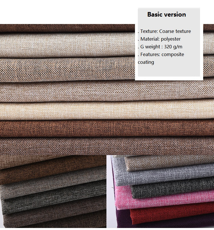 Rolls of coarse linen and cotton fabric in various earth tones and shades of gray and purple.