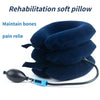A stack of dark blue rehabilitation soft pillows and a black inflatable cervical traction neck stretcher pillow.