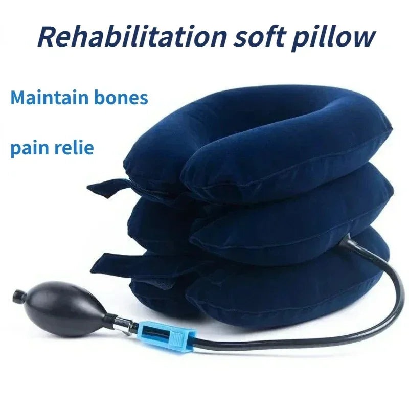 A stack of dark blue rehabilitation soft pillows and a black inflatable cervical traction neck stretcher pillow.