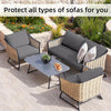 Wicker patio sofa cushion and backrest covers protecting outdoor seating in a garden setting