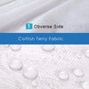 Two sides of a cotton terry fabric are shown, highlighting the waterproof and bedbug proof features.