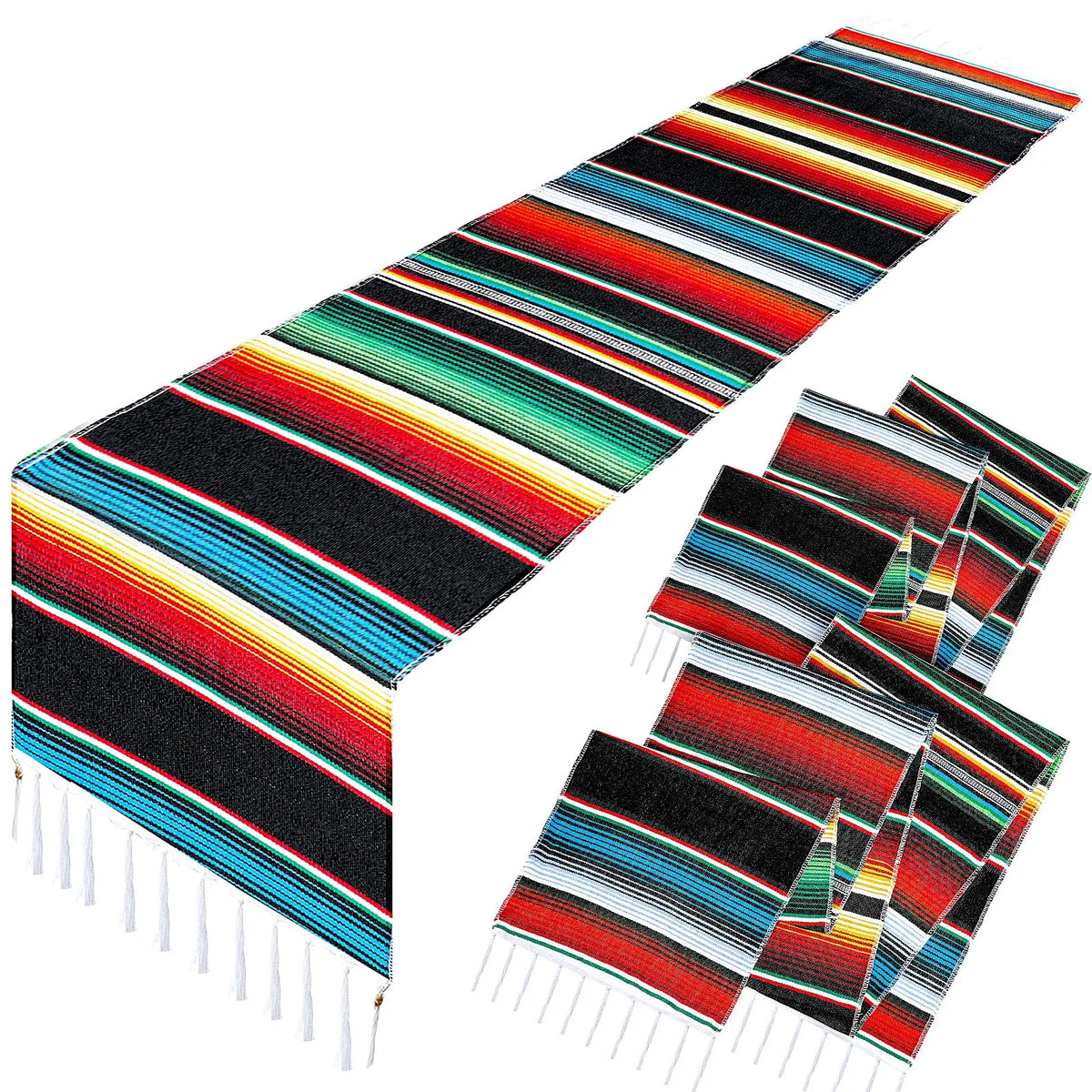 A vibrant Mexican sarape table runner featuring multicolored stripes in black, red, orange, and green.