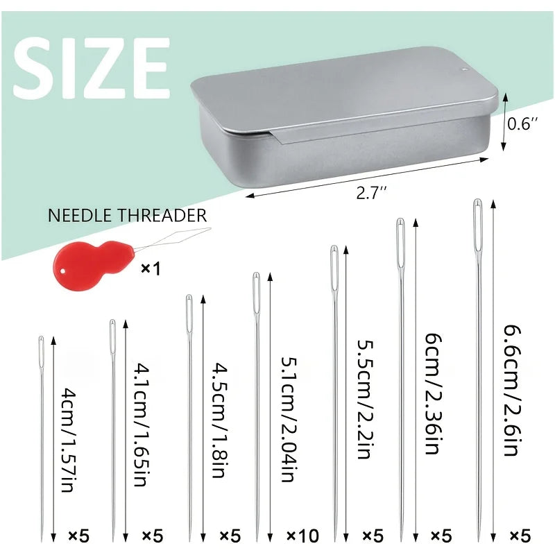 A set of sewing needles and a storage case are shown with various sizes and quantities.