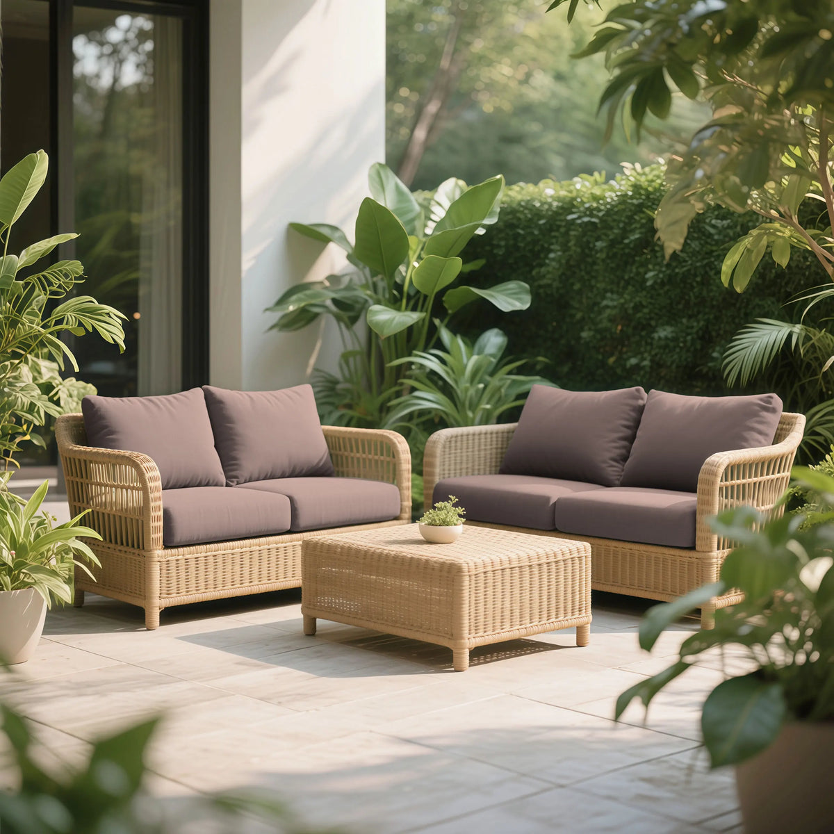 A beige outdoor living room featuring a woven wicker sofa set and a matching coffee table surrounded by lush greenery.