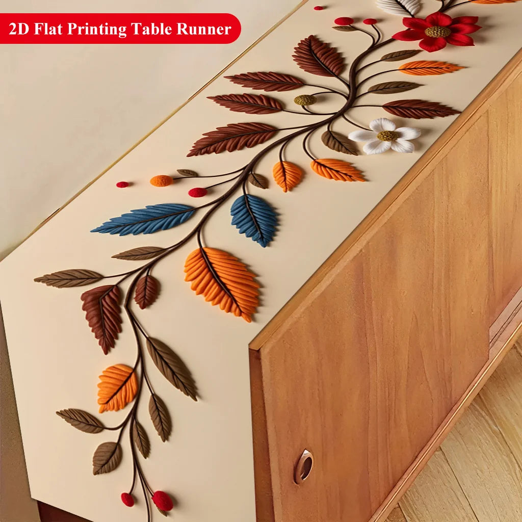 A 2D flat printing table runner featuring a floral branch design with autumn-colored leaves and flowers.